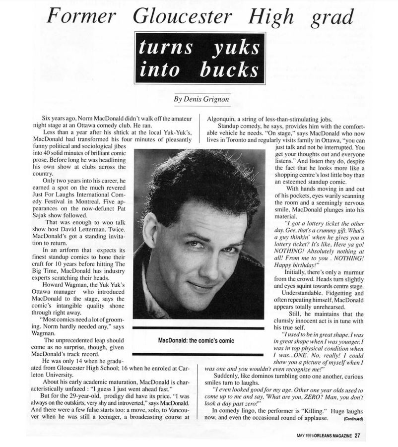 Newspaper clipping featuring Norm Macdonald from May 1991.