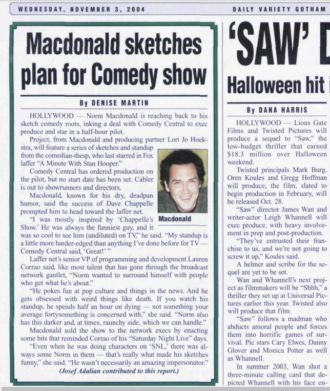 Newspaper clipping featuring Norm Macdonald from November 3, 2004.
