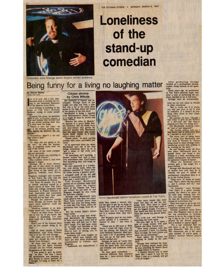 Newspaper clipping featuring Norm Macdonald from March 9, 1987.